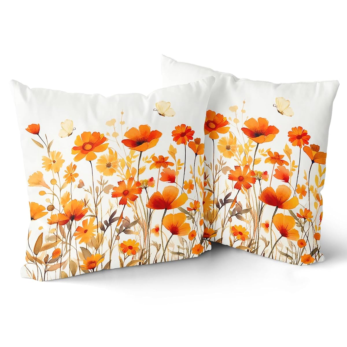 Fall Wildflowers Decorative Pillow Covers 18x18 Inch Set of 2,Thanksgiving Autumn Kitchen Home Decor, Orange Flower Throw Pillows Case,Farmhouse Square Cushion Covers for Sofa Bed Couch