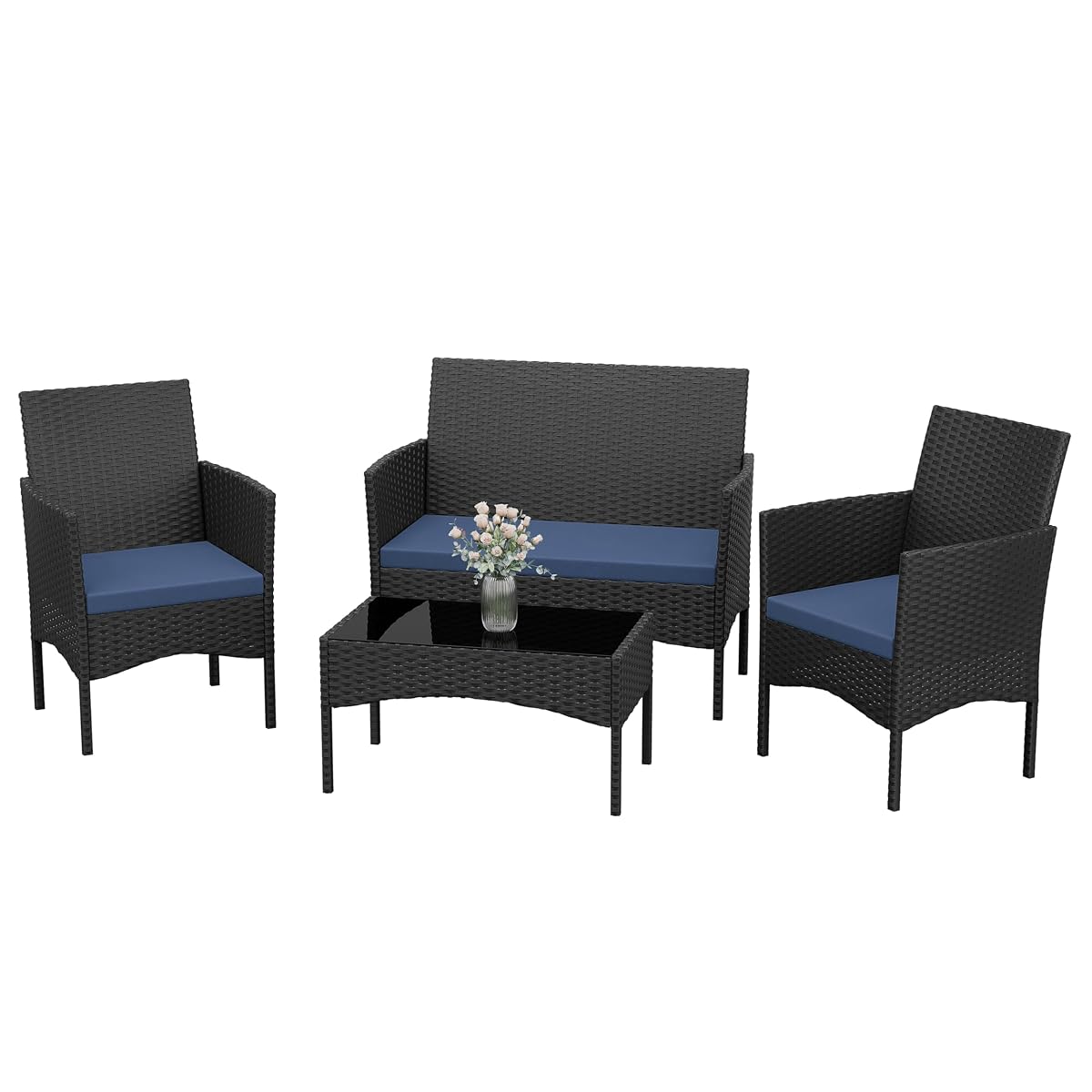 Patio Furniture Set 4 Pieces Outdoor Wicker Rattan Chairs Conversation Sets w/Coffee Table, Rocking Bistro Set, for Deck,Patio,Backyard,Lawn (Navy Blue)