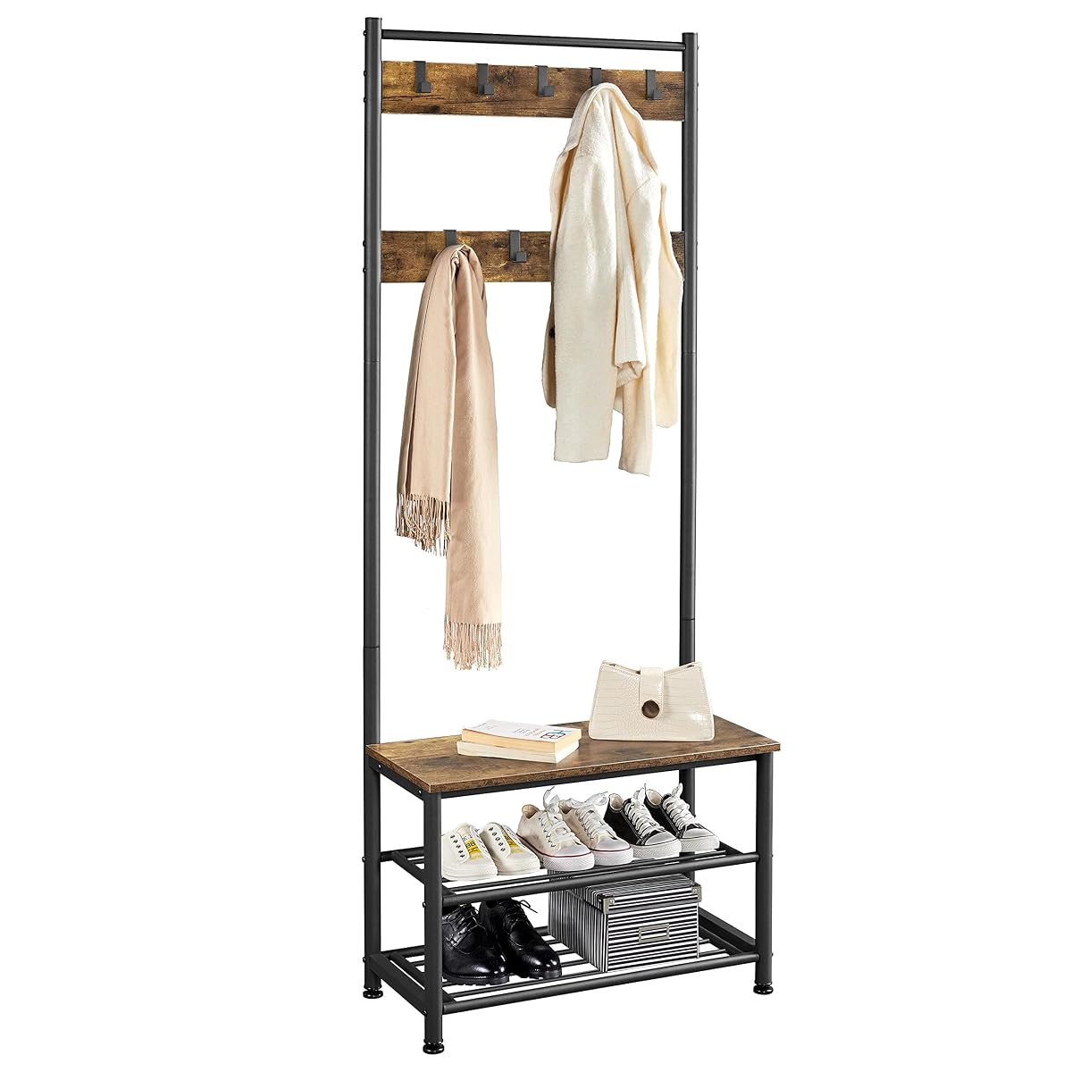 3-in-1 Hall Tree with Bench, Shoe Rack for Mudroom, Rustic Brown