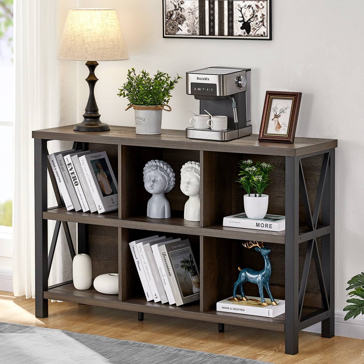 Rustic 6 Cube Storage Organizer with Shelf, Wood and Metal Cubby Bookcase, Industrial Horizontal Bookshelf for Living Room, Home Office (Walnut Brown, 47 Inch)