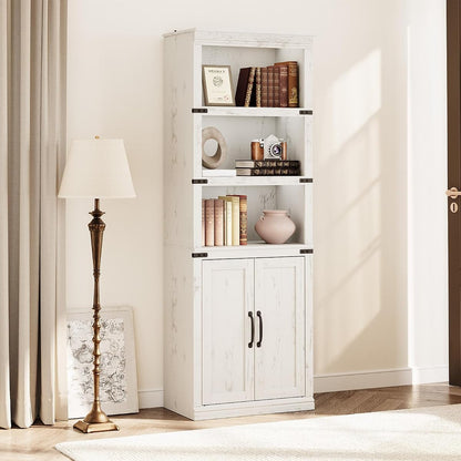 GAOMON Farmhouse Bookcases with Doors, 5 Tier Bookshelf with Storage, 70 inch Tall Bookshelf and Bookcase, Wooden Storage Cabinet for Living Room, Home, Office, Bedroom (Antique White)