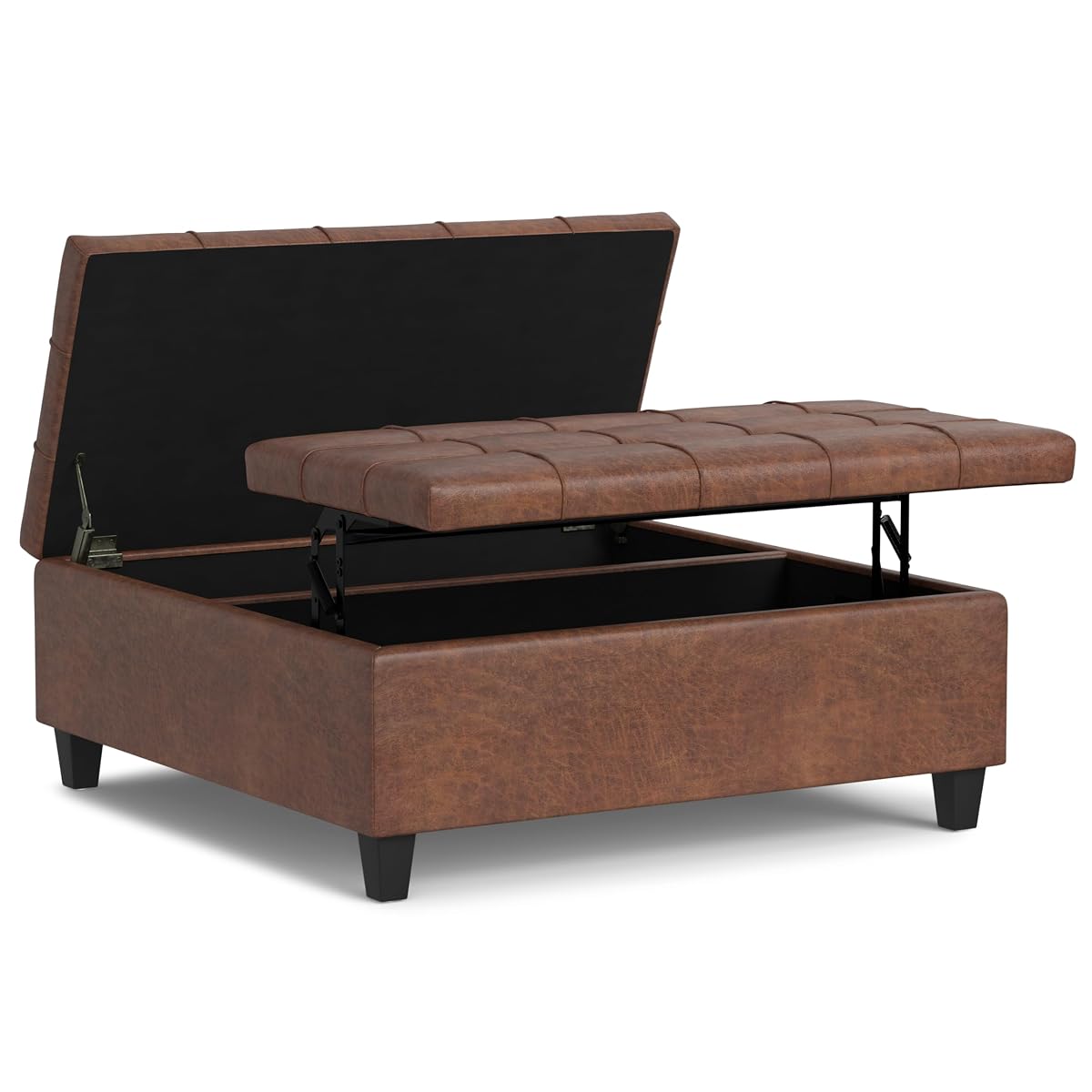 Harrison Large Coffee Table Storage Ottoman - 40 inch Wide Upholstered Vegan Leather Square Lift-Top Ottoman in Distressed Saddle Brown, Transitional Bench for Living Room with Sturdy Base