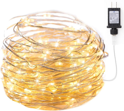 Fairy Lights Plug in, 33Ft 100 LEDs Waterproof Silver Wire Firefly Light, Adaptor Included, Starry String Lights for Wedding Patio Indoor Outdoor Christmas Decorations, Warm White