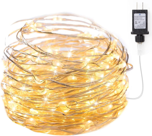 Fairy Lights Plug in, 33Ft 100 LEDs Waterproof Silver Wire Firefly Light, Adaptor Included, Starry String Lights for Wedding Patio Indoor Outdoor Christmas Decorations, Warm White