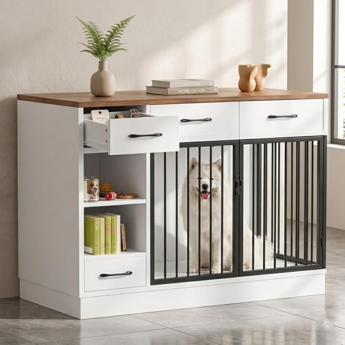 47.2" Large Dog Crate Furniture with 3 Storage Drawers & Hidden Bowl