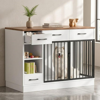 47.2" Large Dog Crate Furniture with 3 Storage Drawers & Hidden Bowl