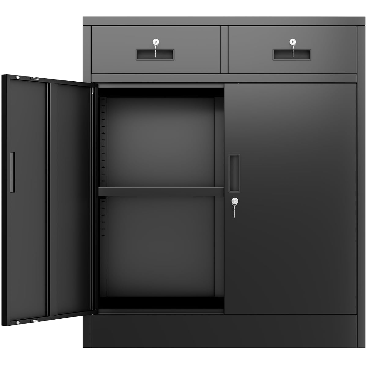 Metal Storage Cabinet, Garage Storage Cabinet with 2 Drawers and Adjustable Shelf, Locking Short Storage Cabinet for Office Garage Home, Black Metal Cabinets(36" H x 31.5" W x 16" D)