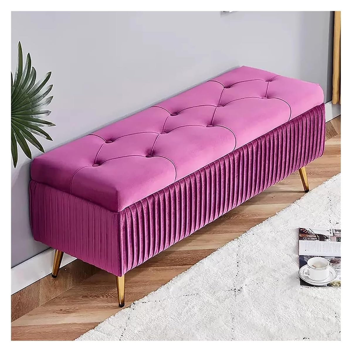 Velvet Storage Bench with Gold Metal Legs Stylish Bedroom Ottoman Bench for Living Room Entryway Hallway Foot Rest Furniture Purple 100x40x45cm