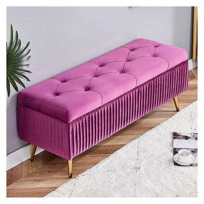 Velvet Storage Bench with Gold Metal Legs Stylish Bedroom Ottoman Bench for Living Room Entryway Hallway Foot Rest Furniture Purple 100x40x45cm