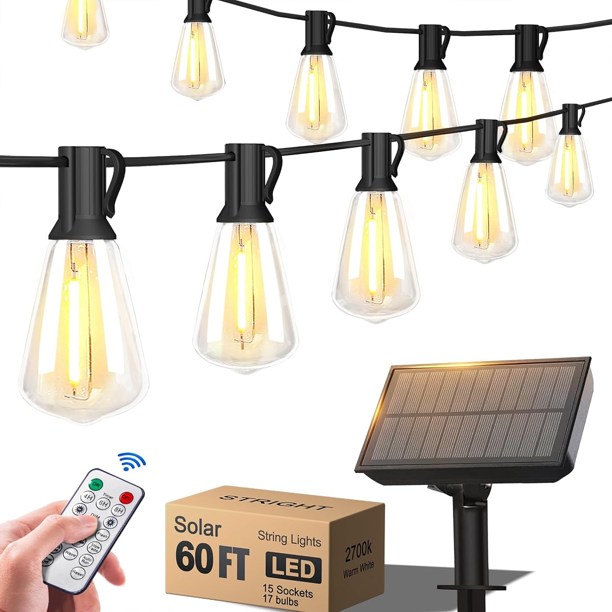 60FT Solar String Lights Outdoor Weatherproof with Remote, Solar Powered LED Edison Bulb 15 Sockets Outdoor String Lights for Outside Patio Backyard Fence Halloween Christmas Decorations