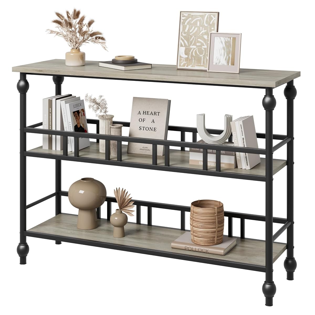 43" Console Table, 3-Tier Entryway Narrow Side Table with Shelves, Sofa Table for Living Room, Hallway, Bedroom, Rustic (Gray)