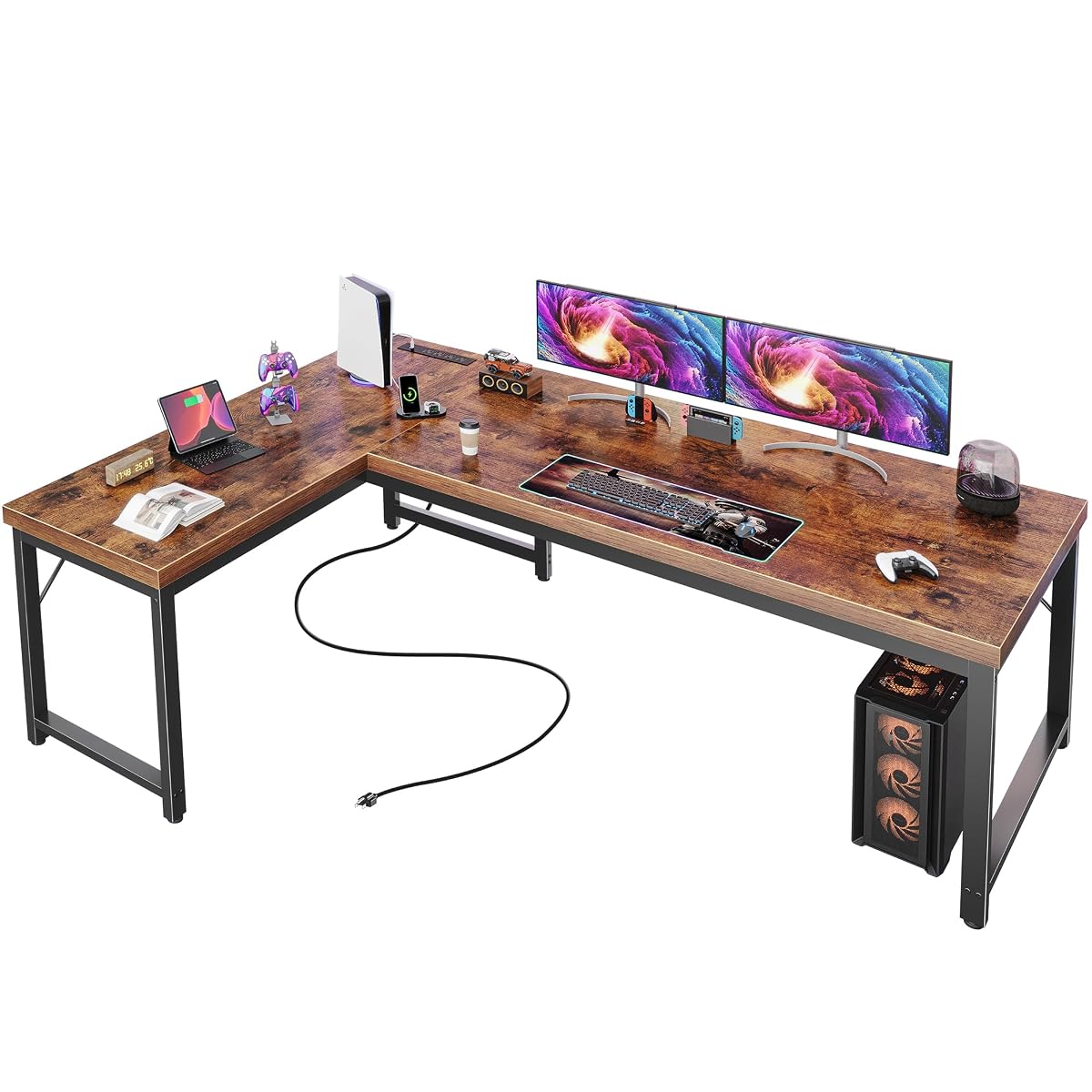 63 Inch L Shaped Desk with Power Outlets & 0.95 Inch Thicker Desktop