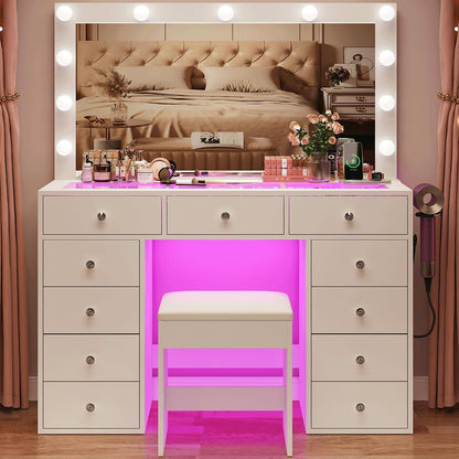 45" Large White Vanity Desk with Vibrant RGB Lighting.