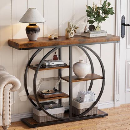 41.3" Console Table for Entryway, Industrial Hallway Sofa Table with Storage Shelves, Narrow Accent Decor Living Room Furniture with Circle Base for Foyer, Entrance, Rustic Brown