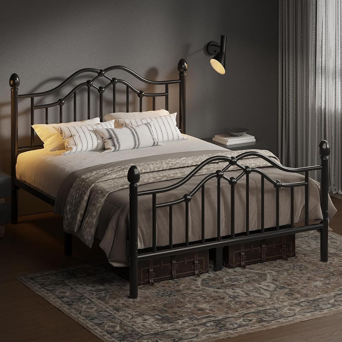 Full Metal Bed Frame with Classical Headboard and Footboard, Black