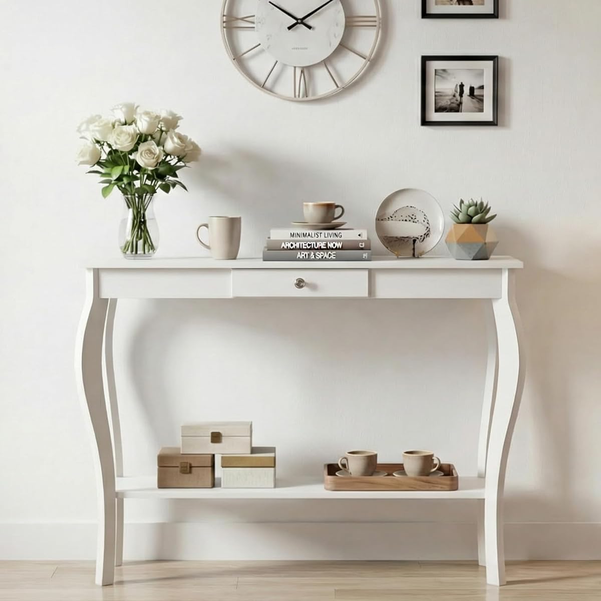 Narrow Console Table with Drawer, Chic Accent Sofa Table, Entryway Table, 39.3 Inch, White