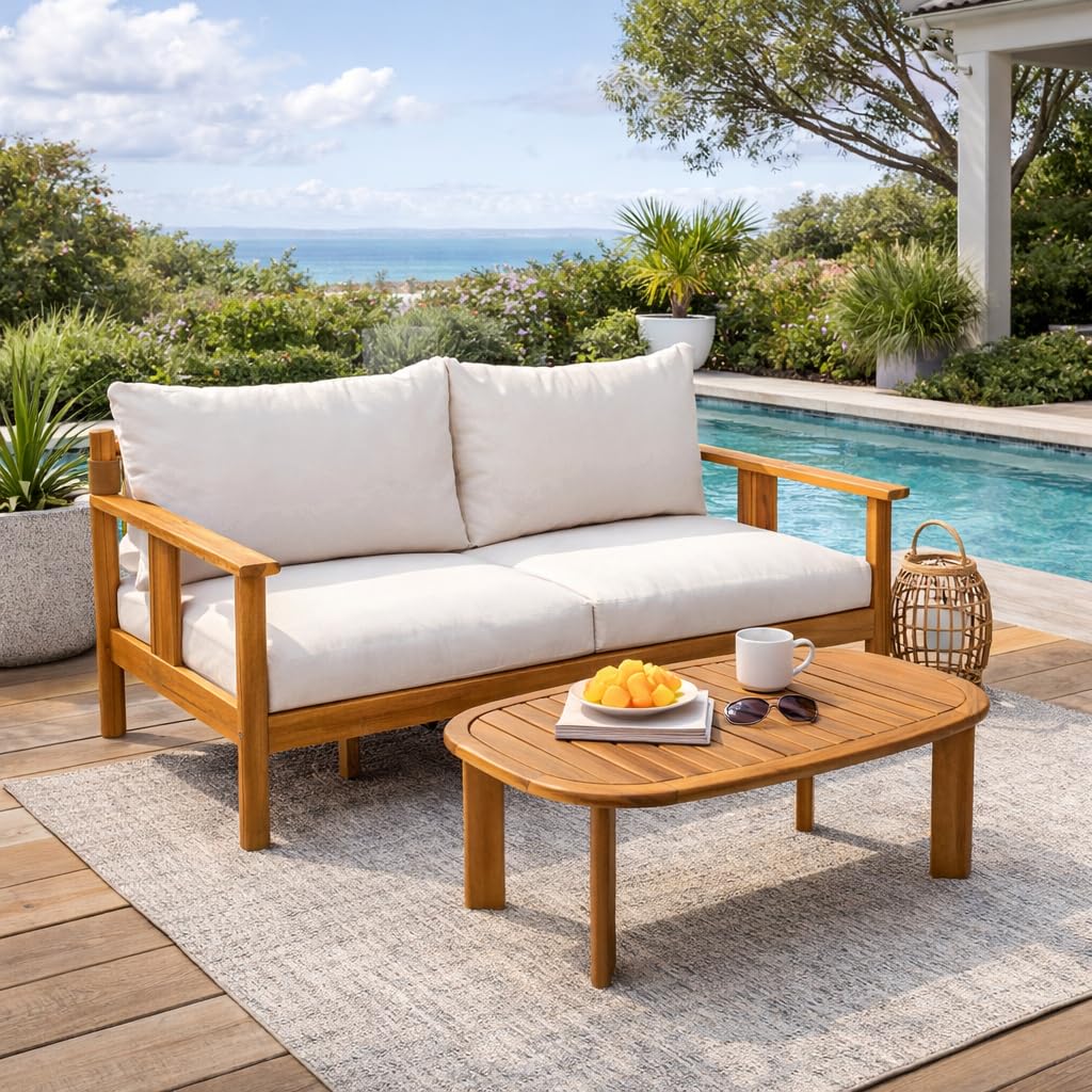 Willy Acacia Wood Outdoor Loveseat and Coffee Table Set, 2 Piece Patio Furniture Set with Water-Repellent Cushion, Solid Wood Outdoor Conversation Set, Beige+Teak