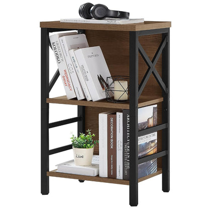 Small Bookshelf, 3 Tier Industrial Shelf with Metal Frame and Backboard, Low Rustic Brown Book Shelf, Small Bookcase for Small Spaces,Bookshelf for Living Room, Bedroom & Home Office