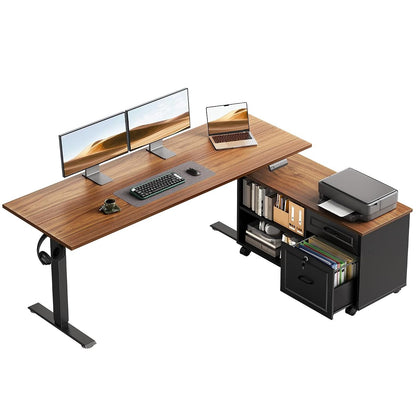 55" L Shaped Electric Standing Desk with Cabinet Sets, Walnut/Black