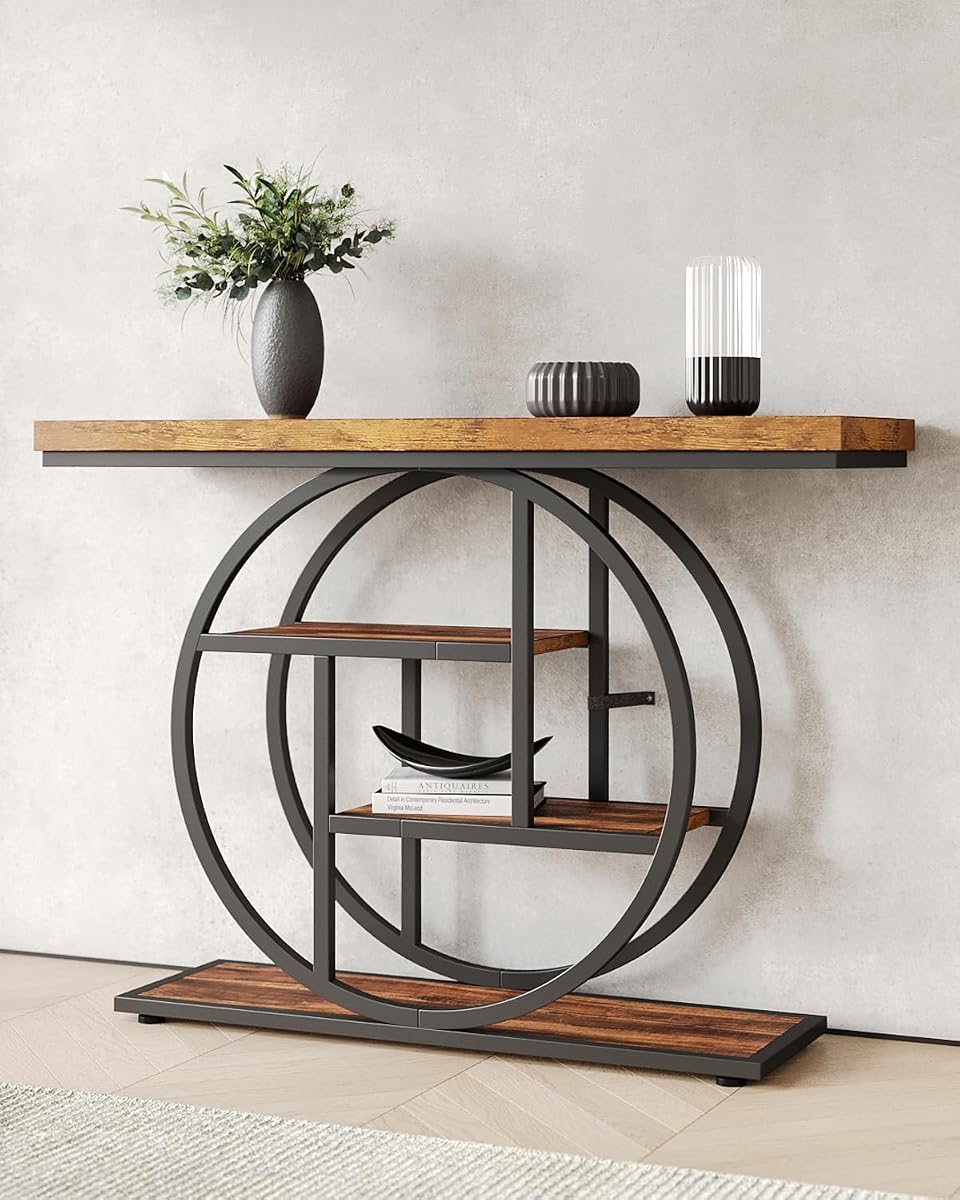 Console Table, 4-Tier Entryway Table, 41.3-Inch Industrial Sofa Table for Living Room, Foyer Hallway Table for Entrance, Rustic Brown and Black