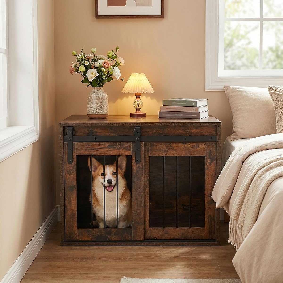 Farmhouse Wooden Dog Crate Furniture with Sliding Barn Door