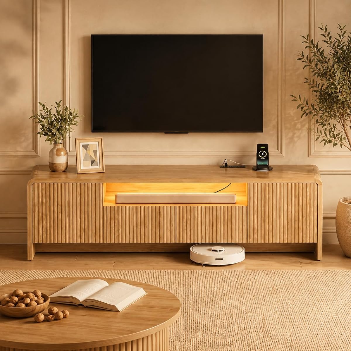 Fluted 70 Inch TV Stand for 75 Inch TV, Modern Media Console