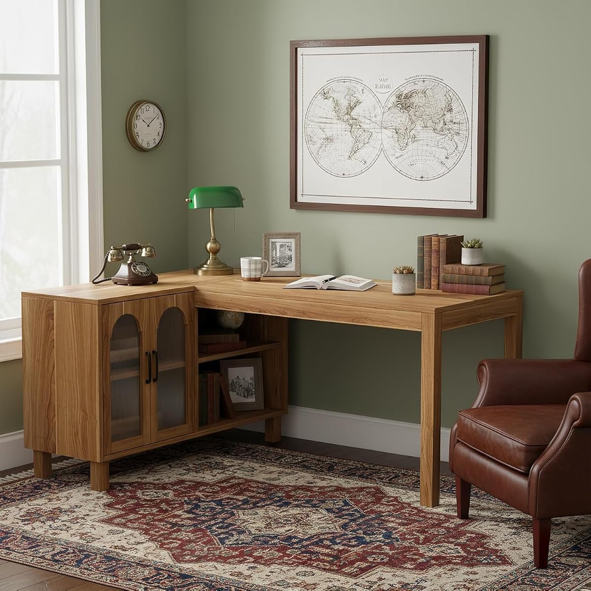 59" L Shaped Desk with File Cabinet, Executive Office Desk with Storage Shelves