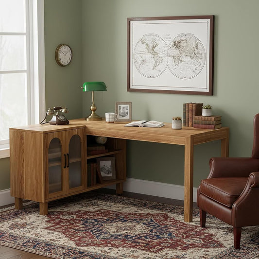 59" L Shaped Desk with File Cabinet, Executive Office Desk with Storage Shelves