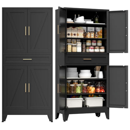 71" Tall Metal Storage Cabinet with 4 Doors and 4 Adjustable Shelves, 6-Tier Farmhouse Storage Cabinet with Drawers and Legs, for Office, Home, Garage, Gym, School, Living Room, Hallway（Black）