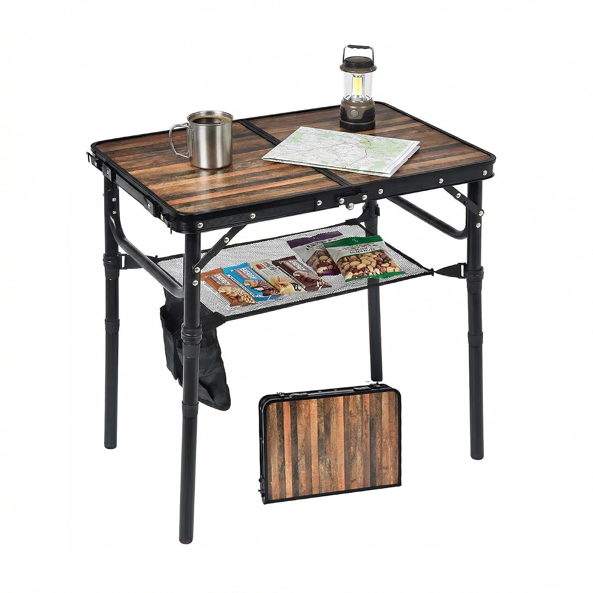 Small Folding Camping Table, 2ft Portable Picnic Table Aluminum 24" x 16" Folding Table, 3 Adjustable Heights Portable Lightweight Table Dining Table for RV, Picnic, Beach (Wood Grain)
