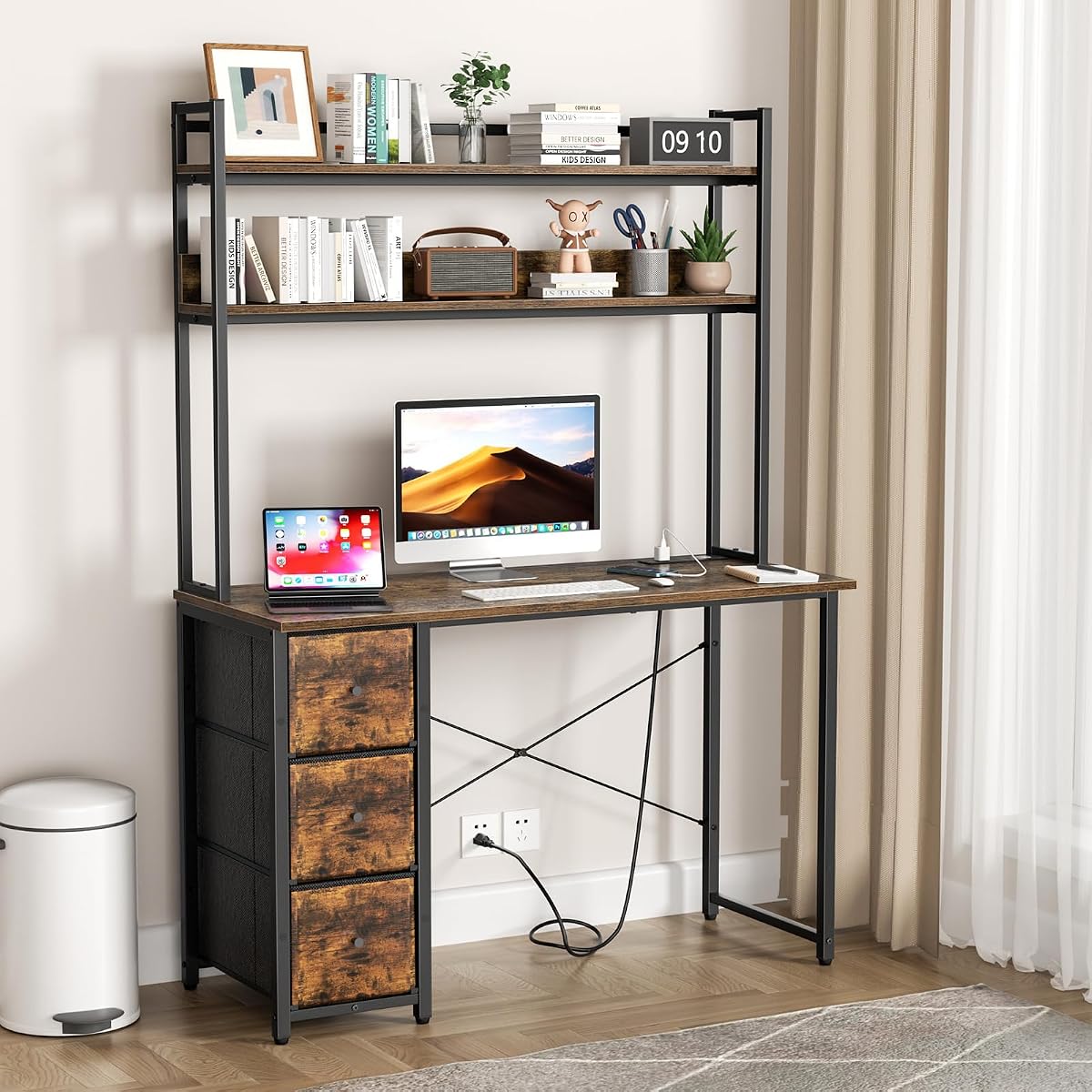 47" Computer Desk with 3 Drawers,Desk with Hutch and Power Outlets
