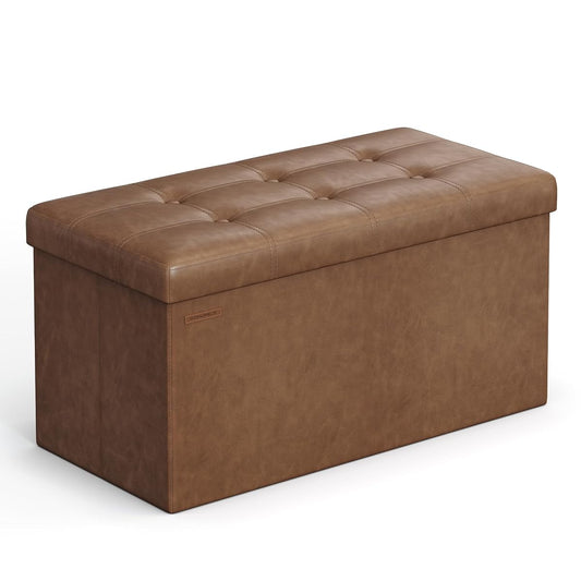 SONGMICS Mazie Collection - 30 Inches Folding Storage Ottoman Bench, Ottoman with Storage, Foot Rest Stool, Load 660 lb, for Living Room, Synthetic Leather, Coffee Brown ULSF040K11