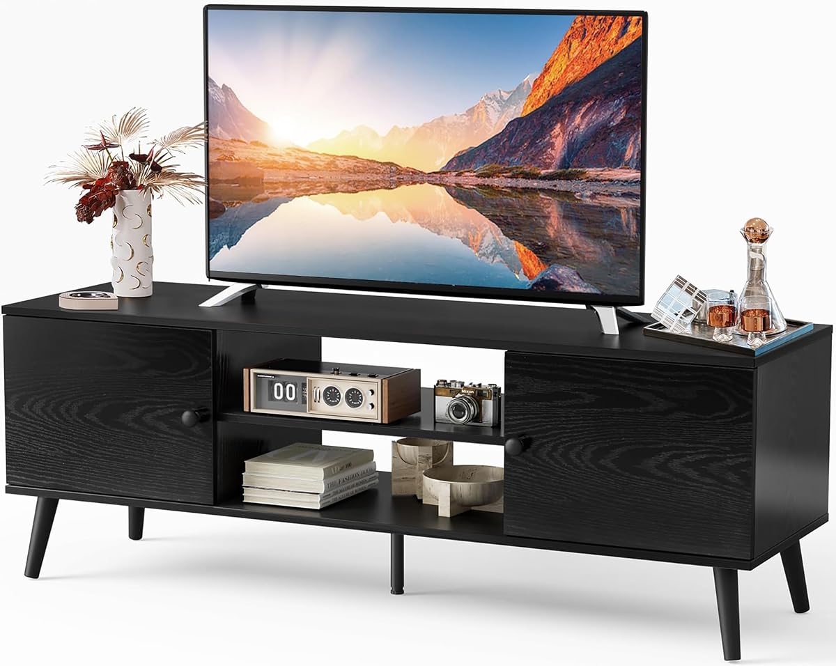 TV Stand for 55 60 inch TV, Modern Mid Century Entertainment Center with Storage Cabinet, Media Console Table for Living Room, Soft Hinge, Handle Door, Wooden Office Furniture, Tank