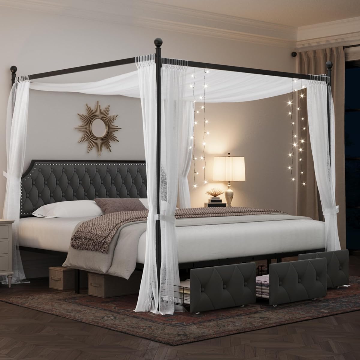 King Upholstered Canopy Bed Frame with 3 Storage Drawers & Button Tufted