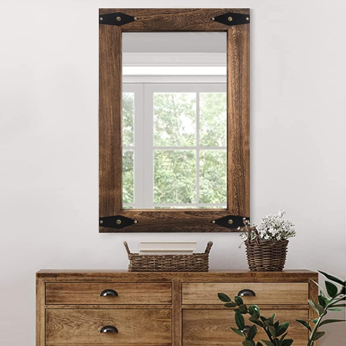 Rustic Wood Framed Mirror 26x40 Inch, Rectangular Bathroom, Arrow | Extra large wood framed vanity mirror for farmhouse bathroom, bedroom, living room, entryway, vertical or horizontal