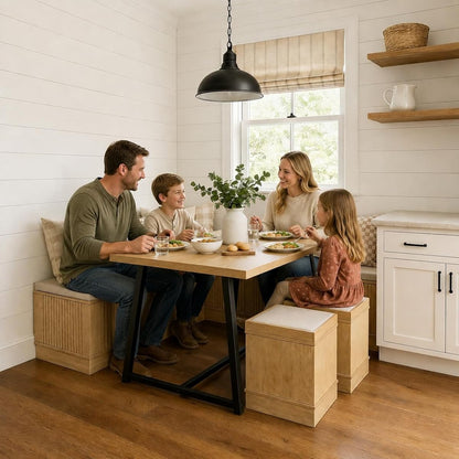 Corner Dining Table Set with Storage, 43" Breakfast Nook Table Set, Corner Booth Dining Table for Kitchen, Banquette Bench with Hidden Storage & 2 Ottomans, Seats 4-6, Natural Wood
