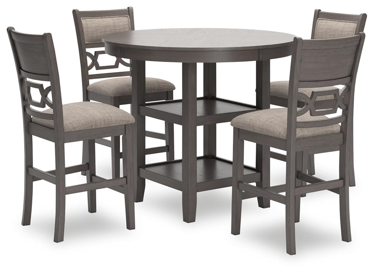 Signature Design by Ashley 5-Piece Round Counter Height Dining Table Set, Wrenning Collection, with 4 Upholstered Bar Stools, Wood and Mindi Veneer, 2 Storage Shelves for Dining Rooms, Light Gray