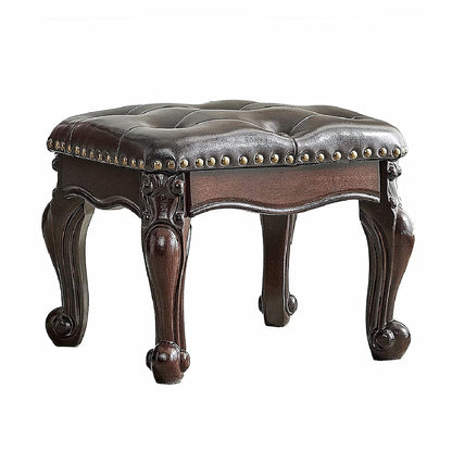 Footstool and Ottomans Small Foot Stool with Fiber Leather Wooden Foot Rest Upholstered Footrest for Living Room Bedroom (Dark-Brown)