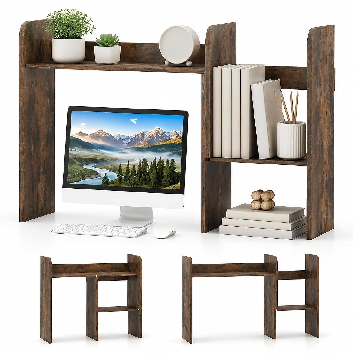 Extendable Desktop Bookshelf, Dorm Desk Hutch (Rustic Brown)