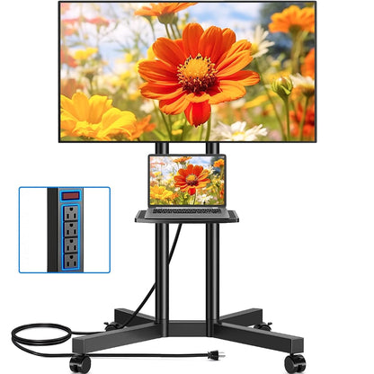 Mobile TV Cart Rolling TV Stand with Power Outlet for 32-75 Inch Screens, Portable TV Stand on Wheels with Height Adjustment, Outdoor TV Mount Stand with Shelf Holds up to 88lbs for Home Office