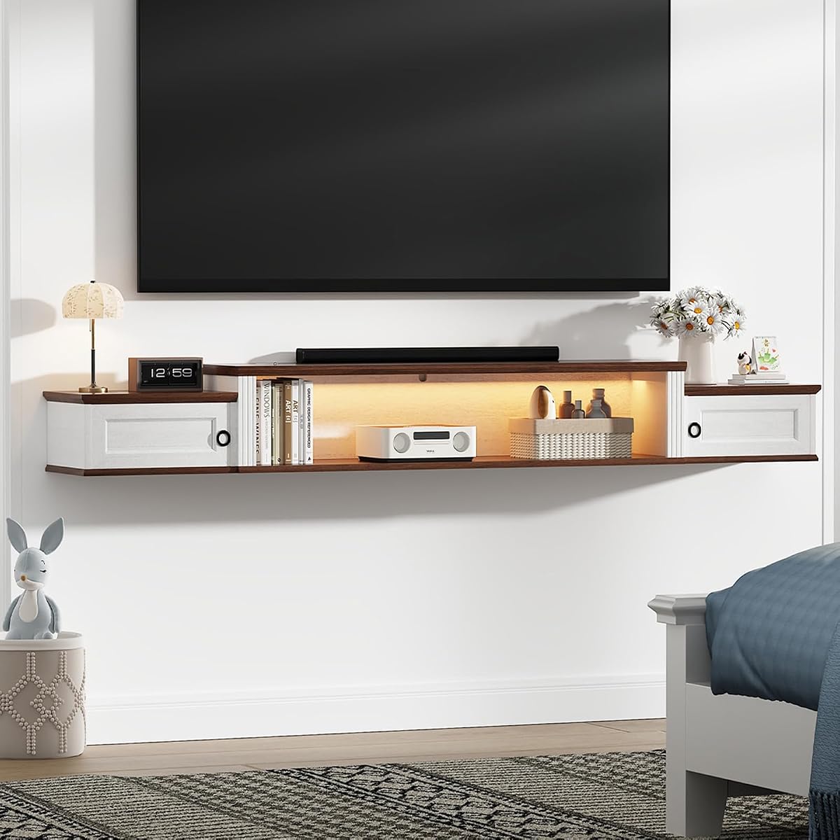 Farmhouse Floating TV Stand for 80" TVs, with LED Light & Outlet