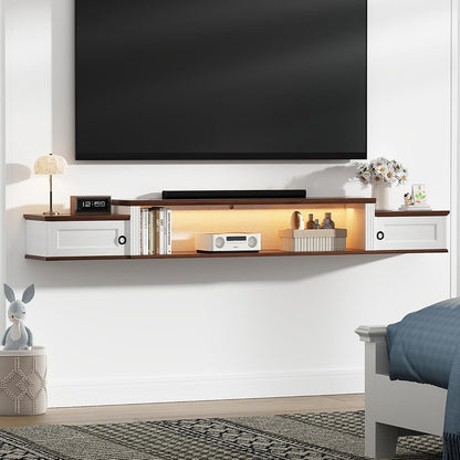 Farmhouse Floating TV Stand for 80" TVs, with LED Light & Outlet