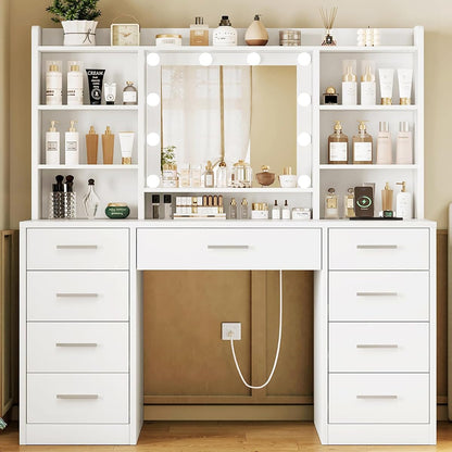 Vanity Desk with Mirror and Lights, Power Outlet
