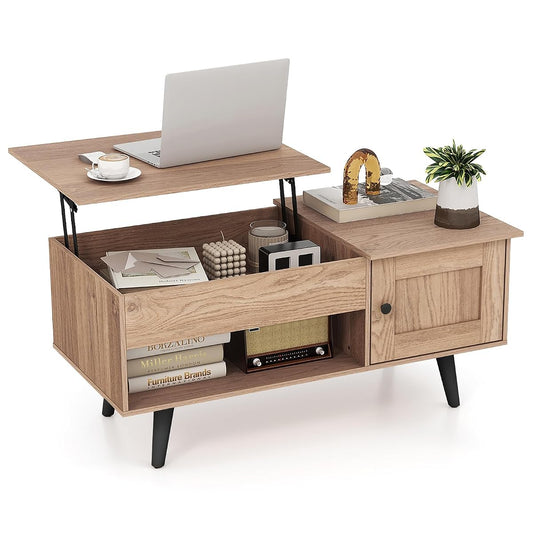 Lift Top Coffee Table with Storage, Living Room Table with Hidden Compartment, Cabinet & Open Shelf, Flip Top Center Table, Pull up Coffee Table for Home, Office (Natural)