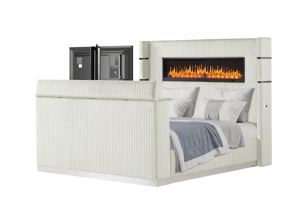 Wood Platform Bed with Beige Headboard and Storage Features