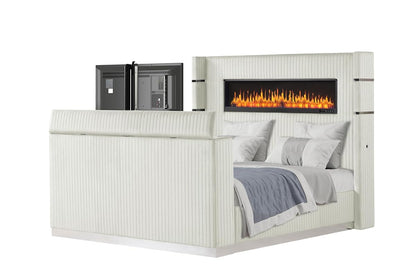 Wood Platform Bed with Beige Headboard and Storage Features