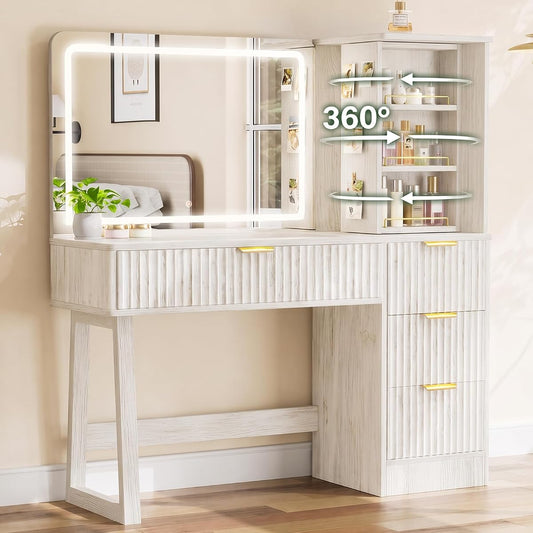 47" Makeup Vanity Desk with LED light and mirror, Retro white vanity table