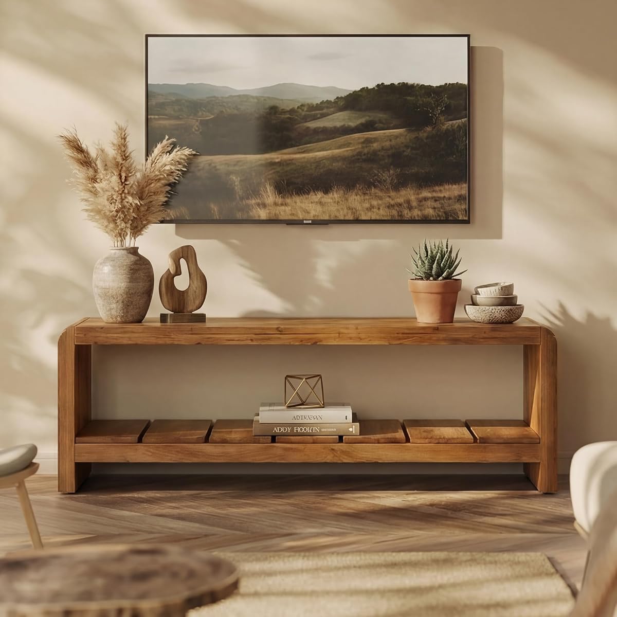 59.06" TV Stand for 55/60/65-Inch TVs, Farmhouse Media TV Console with Storage Shelf, Long Entertainment Center Television Stand for Living Room, Bedroom, Walnut Brown