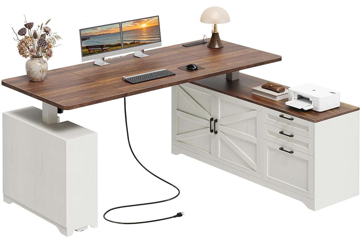 63'' Farmhouse L Shaped Standing Desk with Outlets and Drawers