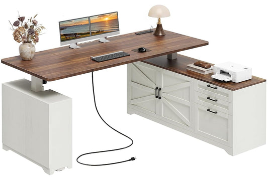 63'' Farmhouse L Shaped Standing Desk with Outlets and Drawers